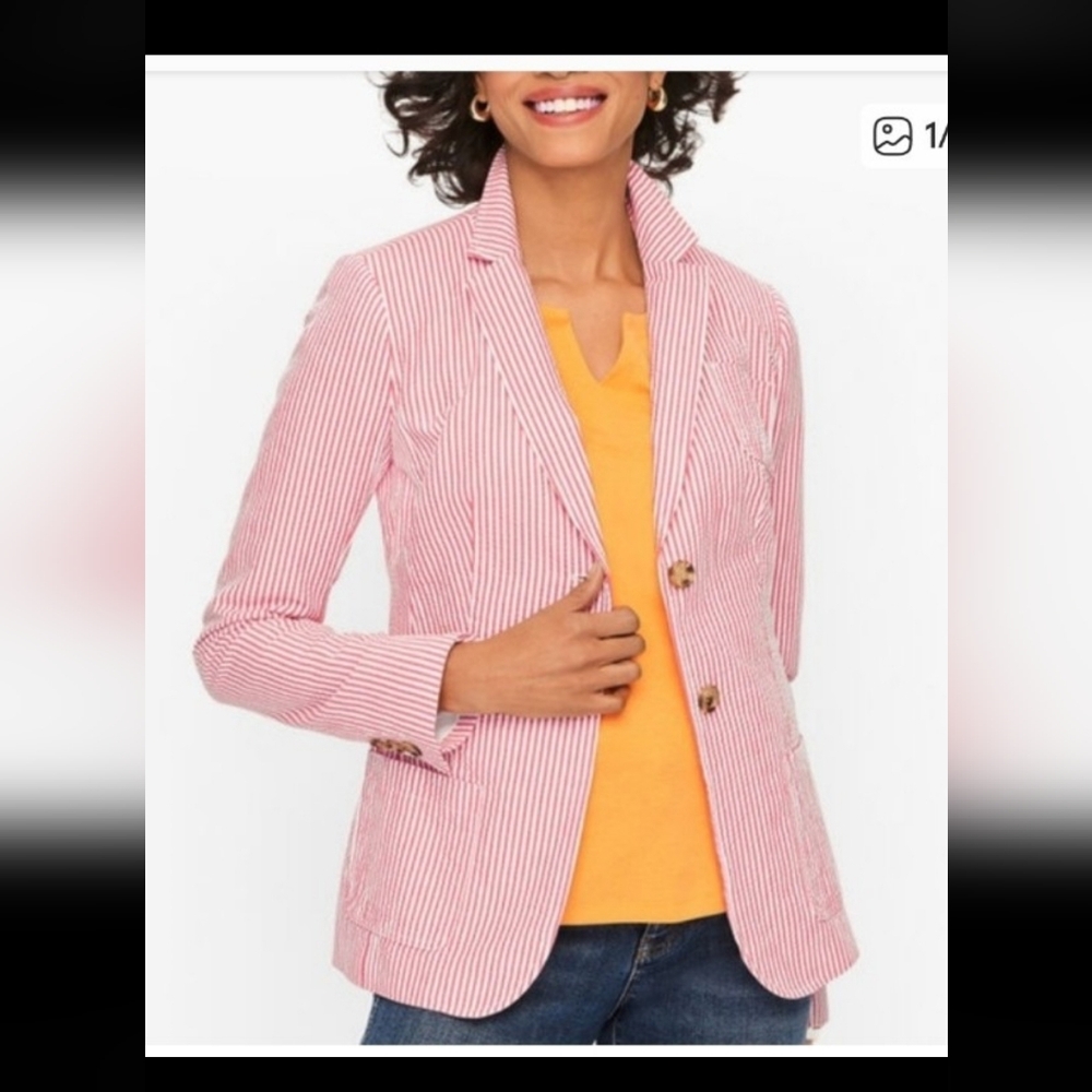 NWOT! Talbots Sunshine Seersucker Blazer coral/white strips 16 petite